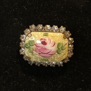 Vintage Hand Painted Enamel Rose Brooch with Rhinestones